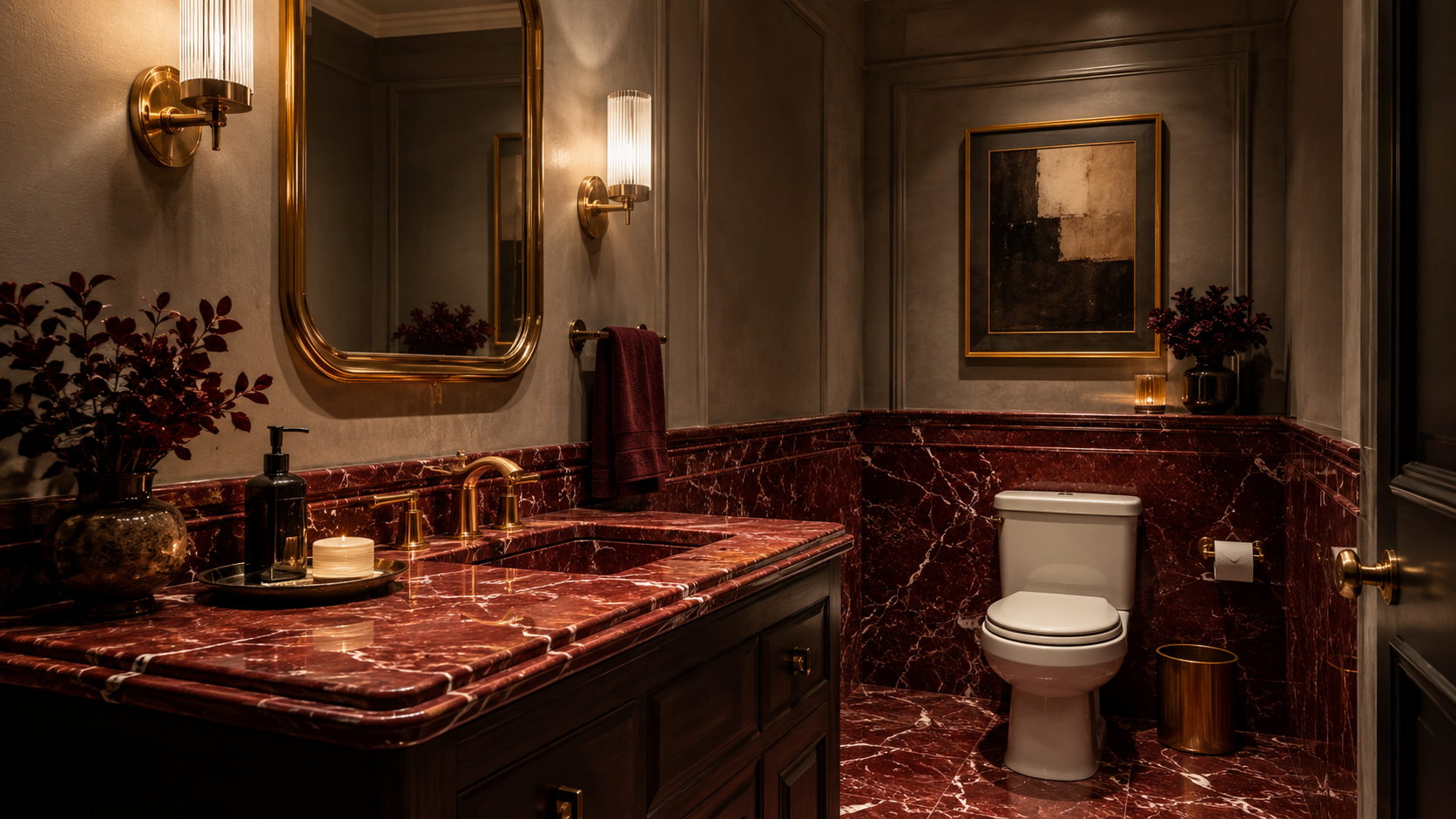 Luxury guest bathroom featuring red marble accents and soft warm ambient lighting